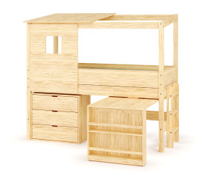 Ma Chambre d'Enfant Lit cabane mi-hauteur avec bureau et matelas Combeebed  Bois naturel 90x200 cm Echelle petit côté Toit et fenêtre haut 1 commode