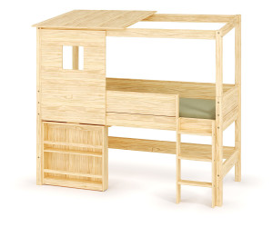 Ma Chambre d'Enfant Lit cabane mi-hauteur avec bureau et matelas Combeebed  Bois naturel 90x200 cm Echelle grand côté Toit et fenêtre haut Sans