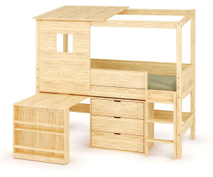 Ma Chambre d'Enfant Lit cabane mi-hauteur avec bureau et matelas Combeebed  Bois naturel 90x200 cm Echelle grand côté Toit et fenêtre haut 1 commode