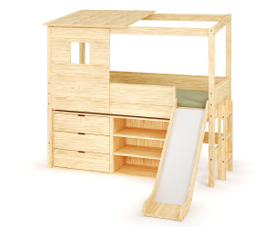 Ma Chambre d'Enfant Lit cabane mi-hauteur avec toboggan Combeebed  Bois naturel 90x200 cm 1 commode + 1 étagère