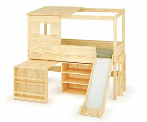Ma Chambre d'Enfant Lit cabane mi-hauteur avec toboggan Combeebed  Bois naturel 90x200 cm 1 bureau + 1 étagère