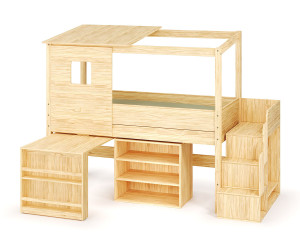 Ma Chambre d'Enfant Lit cabane mi-hauteur avec escalier Combeebed  Bois naturel 90x200 cm 1 bureau + 1 étagère