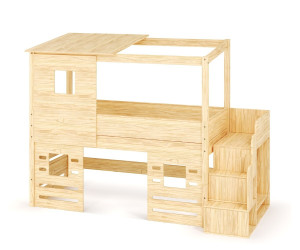 Ma Chambre d'Enfant Lit cabane mi-hauteur avec escalier et matelas Combeebed  Bois naturel 90x200 cm Fenêtre bas Matelas Norway 13 cm