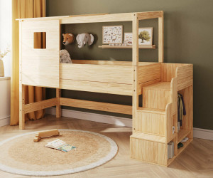 Ma Chambre d'Enfant Lit cabane mi-hauteur avec escalier et matelas Combeebed  Bois naturel 90x200 cm Fenêtre et toit haut uniquement Matelas Airfresh
