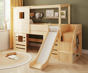 Ma Chambre d'Enfant Lit cabane mi-hauteur avec escalier, toboggan et matelas Combeebed  Bois naturel 90x200 cm Matelas Airfresh 15 cm