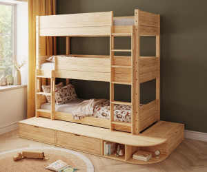 Ma Chambre d'Enfant Lit superposé 3 places enfant avec estrade Combeebed  Bois naturel 90x200 cm Echelle grand côté