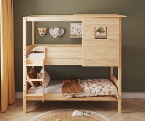 Ma Chambre d'Enfant Lit superposé cabane enfant Combeebed  Bois naturel 90x200 cm Echelle grand côté Toit et fenêtre haut