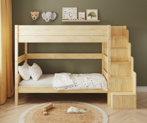 Ma Chambre d'Enfant Lit superposé haut enfant avec escalier et matelas Combeebed  Bois naturel 90x200 cm Sans barrière de sécurité Matelas Airfresh 15