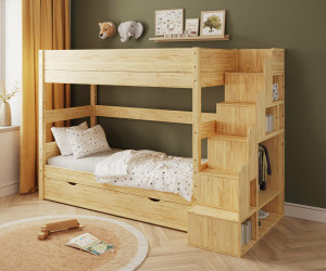 Ma Chambre d'Enfant Lit superposé haut enfant avec escalier et sommier gigogne Combeebed  Bois naturel 90x200 cm Sans barrière de sécurité