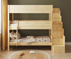 Ma Chambre d'Enfant Lit superposé 3 places enfant avec escalier et matelas Combeebed  Bois naturel 90x200 cm Sans barrière de sécurité Matelas