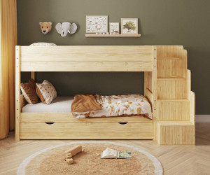 Ma Chambre d'Enfant Lit superposé enfant avec escalier et sommier gigogne Combeebed  Bois naturel 90x200 cm Sans barrière de sécurité Version