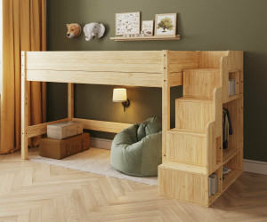 Ma Chambre d'Enfant Lit mezzanine enfant avec escalier et matelas Combeebed  Bois naturel 90x200 cm Hauteur 142 cm Matelas Norway 13 cm