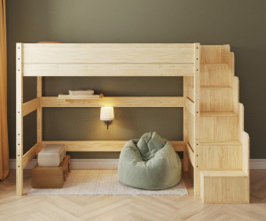 Ma Chambre d'Enfant Lit mezzanine enfant avec escalier et matelas Combeebed  Bois naturel 90x200 cm Hauteur 177 cm Matelas Norway 13 cm