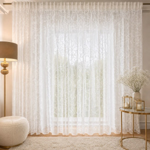 Firanka biała ze wzorem liści 3D na taśmie 140x250 cm H25