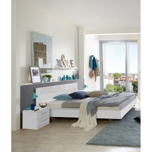 Deladeco Ensemble lit et 2 chevets contemporain Palmira Blanc ou chêne poutre