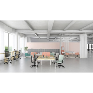 Mateol Bureau bench 2 personnes avec trappe Producteo Blanc neige, noir velours, érable blanc, chêne clair et chêne brunswick