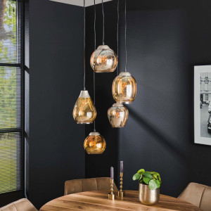 Vivabita Suspension vintage 5 lampes en verre Mistie Ambré ou chromé