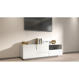 Deladeco Meuble TV moderne 150 cm blanc brillant Pedro Blanc laqué brillant