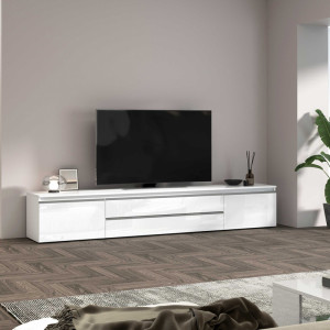 Deladeco Meuble TV moderne 240 cm blanc brillant Maeva Blanc brillant