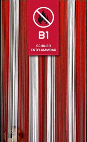 Fadenvorhang Rot-Wei&szlig;-Rot 150 cm x 300 cm in B1 schwer entflammbar