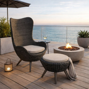 OCEAN Set 2-teilig, Sessel und Hocker Twist Black – inkl. Kissen (Farbe wählbar)