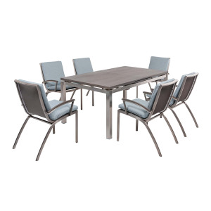 PURO CHALET Dining-Set, Ausziehtisch 180 bis 230 × 100 cm und 6 Armlehnstühle – inkl. Auflagen (Farbe wählbar)