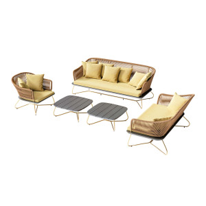 VIOLINO Lounge-Set – 2x Bank / Loungesessel / 2x Tisch, Stardust Gold – inkl. Polster & Kissen (Farbe wählbar)