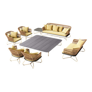 VIOLINO Lounge-Set, 2x Bank, 4x Sessel, Loungetisch, Beistelltisch, Stardust Gold – inkl. Polster & Kissen (Farbe wählbar)