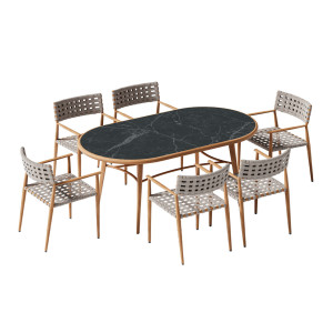 IZU Dining-Set, Tisch oval 180x100 und 6 Armlehnstühle