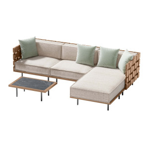 PIANO Lounge-Set, 3-Sitzer Ecksofa in Pearl Beige, Beistelltisch – inkl. 4 Dekokissen (Farbe wählbar)