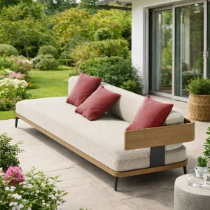 SURF Einzel-Loungesofa, Terra Teak / Polster Pearl Beige – inkl. 3 Kuschelkissen (Farbe wählbar)