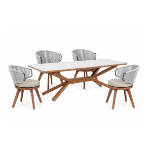 WIND Dining-Set, Tisch Samoa Marble White 240 x 100 und 4 Stühle – inkl. Sitzkissen