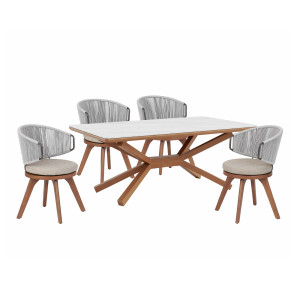 WIND Dining-Set, Tisch Samoa Marble White 180 x 100 und 4 Stühle – inkl. Sitzkissen