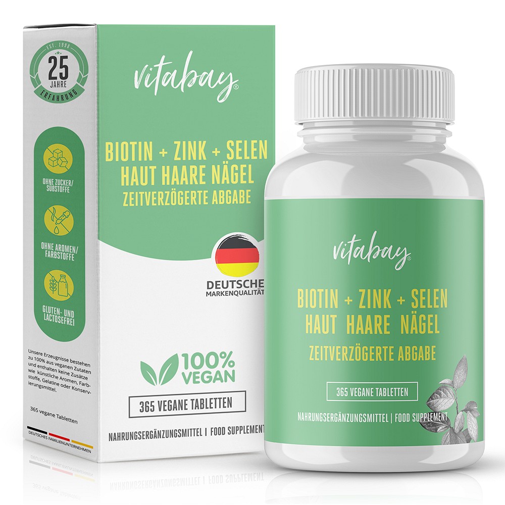 Biotin + Zink + Selen Haut Haare Nägel hochdosiert vegan Tabletten 365 St