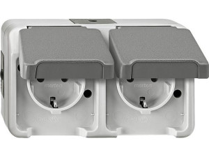 Schuko-doppelsteckdose Aquastar Merten,IP44,AP,lichtgrau,waag- recht,1 Stück