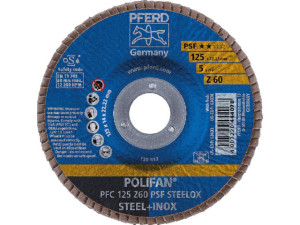 Fächerscheibe PFERD d 125 x 22,23mm K60, gewölbt für Stahl, Edelstahl