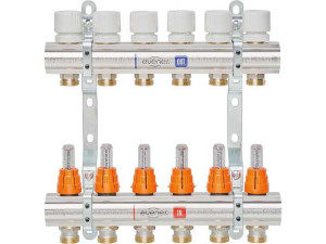 Fußbodenheizungsverteiler 8 Heizkreise Baulänge 412 mm DN25 (1") Messing Typ M 6,8