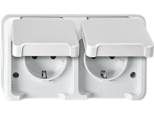 Schuko-doppelsteckdose Aquastar Merten,IP44,AP,polarweiß,Be- rührungsschutz,1 Stück