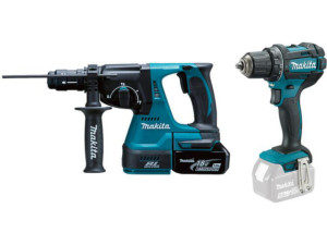 Akku-set 2-teilig Makita 18 V best. aus Akku-Kombihammer und Akku-Bohrschrauber mit 2x 5,0 Ah Akkus und Ladegerät