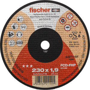 Fischer FCD-FHP Inox Trennscheibe 230x1,9mm 22,23mm Typ 41 (flach) Aluminiumoxid-Schleifkorn eisen-und schwefelfrei Faltschachtel VPE 1 Stüc