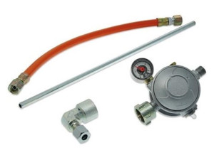 Herdanschluss-set zur Verbindung eines Haushaltsherdes mit Anschluss 1/2" an Flüssiggas-Kleinflaschen 5 und 11 kg; 4-teilig.