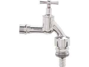 Auslaufhahn poliert, verchromt, mit Rohrbelüfter, Rückflußverhinderer und Schlauchtülle DN15 (1/2”), 95 mm