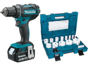 Akku-bohrschrauber Makita 18 V DDF482RFJ mit 2x 3,0 Ah Akkus und Ladegerät mit Lochsägen-Set