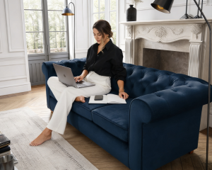 Canapea Extensibila Oxford Chesterfield, 3 locuri, textil, albastru inchis