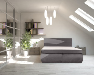 Pat Dormitor Bedora Leon Spring, 180x200 cm, lada de depozitare, textil, gri