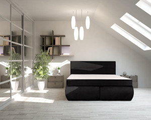 Pat Dormitor Bedora Leon Spring, 160x200 cm, lada de depozitare, textil, negru