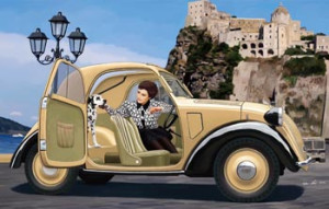 Italian Light Civilian Car Topolino (Open Top) With Lady And Dog