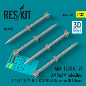 AIM-120C (C-7) AMRAAM Missiles (4pcs) (F-16, F-15, F/A-18, F-22, F-35, AV-8B, Harrier GR.9, Gripen) (3D Printed)