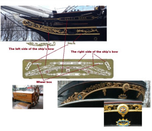 Cutty Sark - nameplate, ornaments of ship