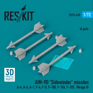 AIM-9D 'Sidewinder' Missiles (4pcs) (A-4, A-6, A-7, F-4, F-8, F-100, F-104, F-105, Mirage III) (3D Printed)